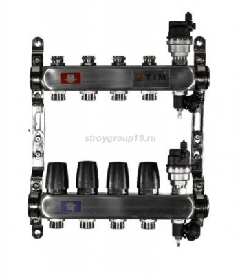Коллектор без расход. и кранов  4 вых.3/4"+1" НЕРЖ (комп. возд-к, дрен.кран) TIM KBS5004